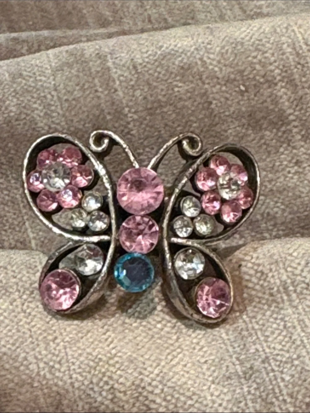 Vintage Pink and Clear Butterfly Ring size 7 adjustable